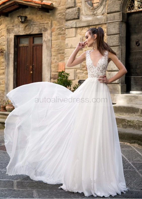 V Neck Beaded Ivory Lace Chiffon Airy Wedding Dress